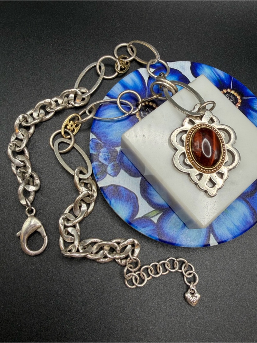 Brighton Geneva two tone tigers eye pendant necklace #E440 gold silver tone